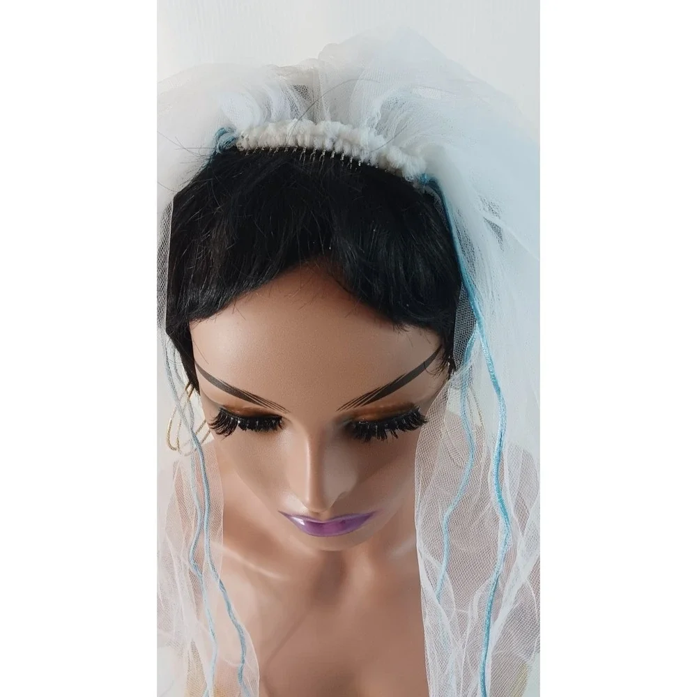 Bridal wedding Tulle net Blue Rolled hem Hair Comb layered short Veil 29.5
